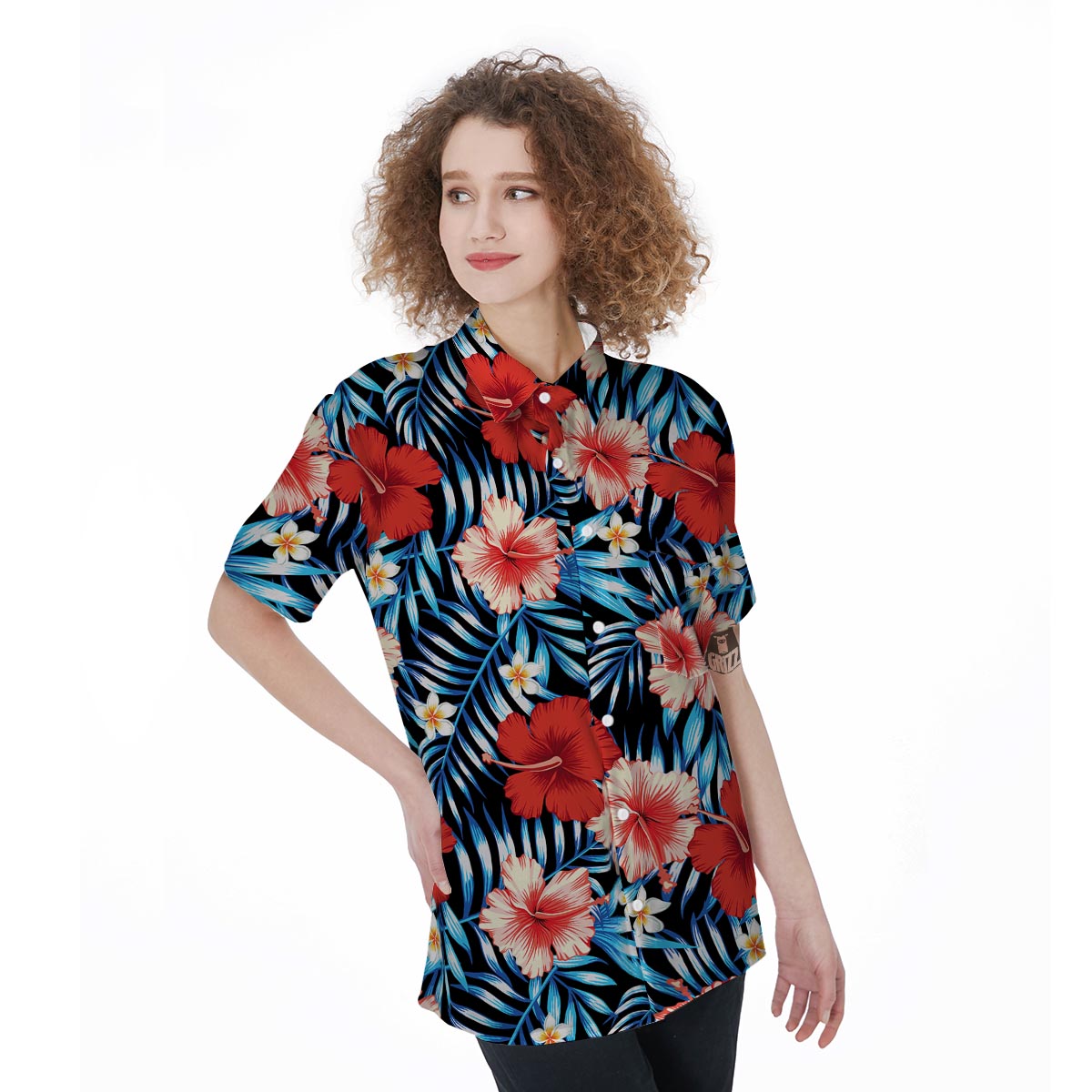 Tropical Hibiscus Flower Print Women's Short Sleeve Shirts-grizzshop