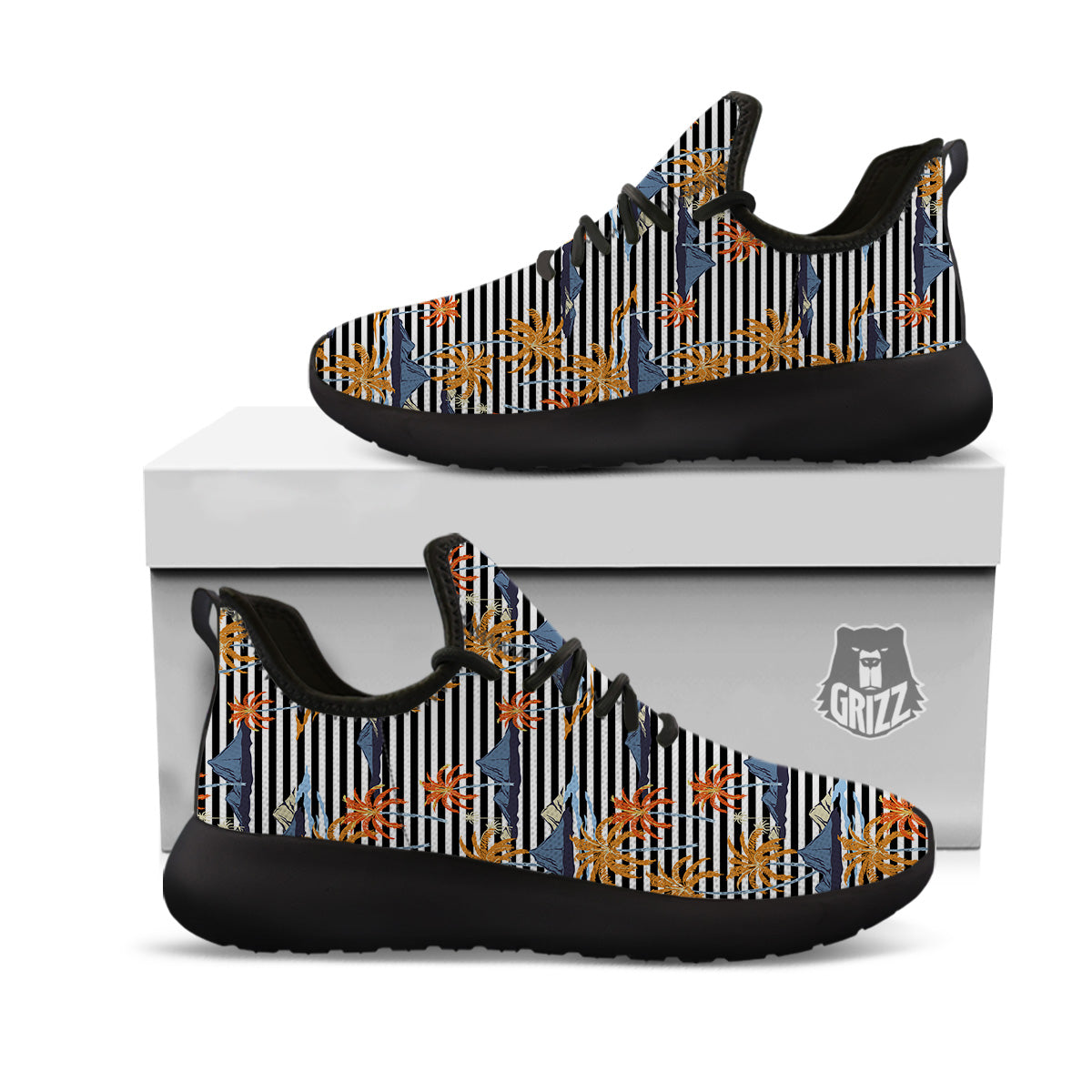 Tropical Island And Stripes Print Pattern Black Athletic Shoes-grizzshop