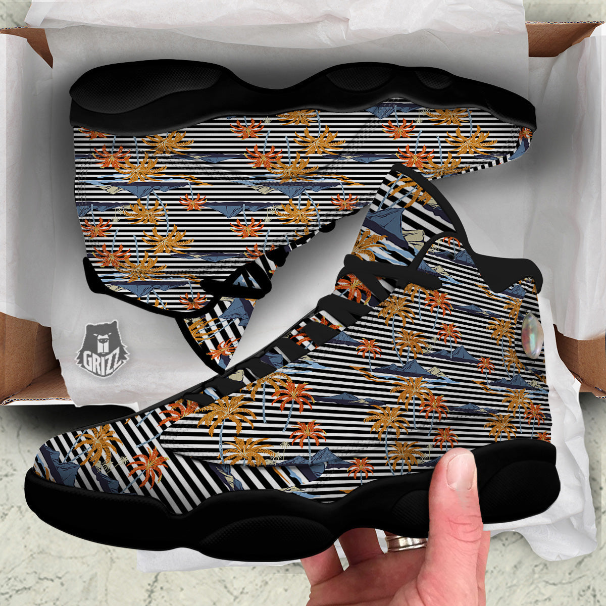Tropical Island And Stripes Print Pattern Black Basketball Shoes-grizzshop
