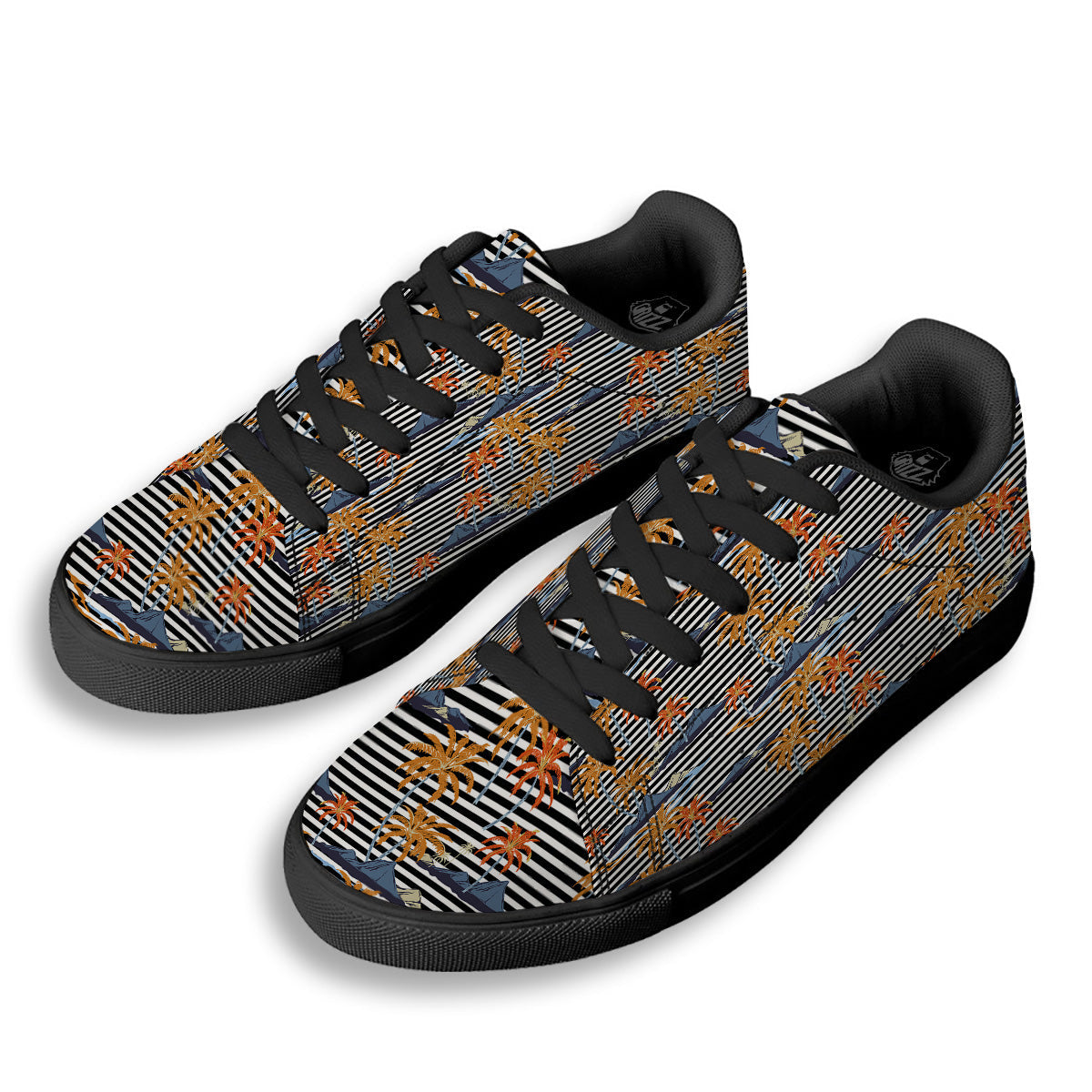 Tropical Island And Stripes Print Pattern Black Low Top Sneakers-grizzshop