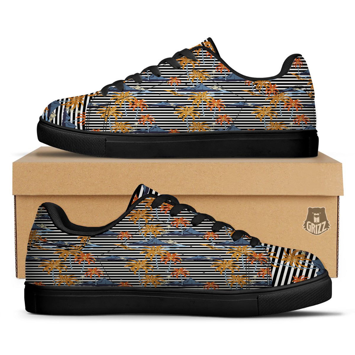 Tropical Island And Stripes Print Pattern Black Low Top Sneakers-grizzshop