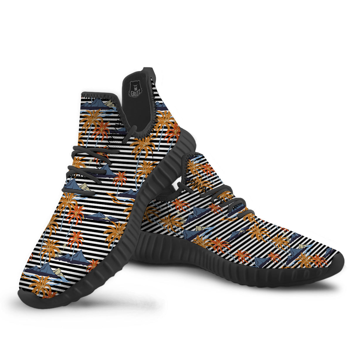 Tropical Island And Stripes Print Pattern Black Walking Shoes-grizzshop