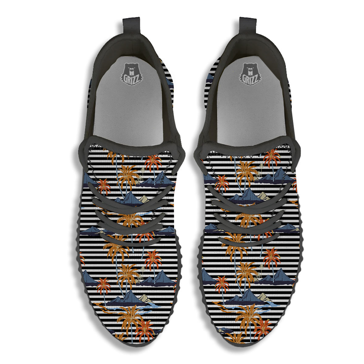 Tropical Island And Stripes Print Pattern Black Walking Shoes-grizzshop