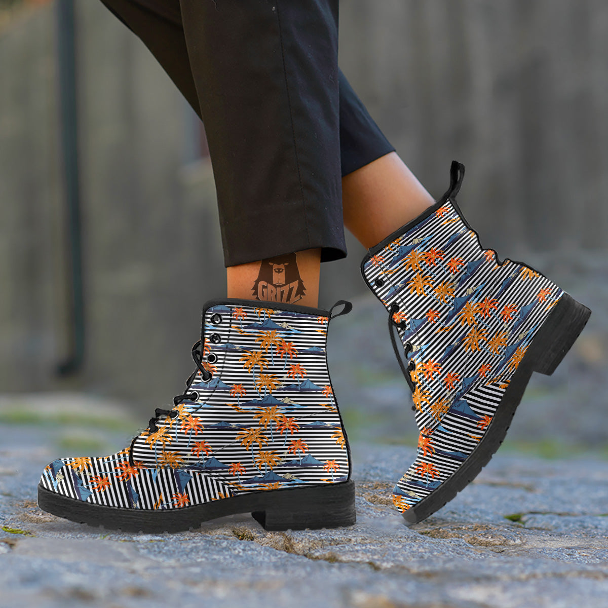 Tropical Island And Stripes Print Pattern Leather Boots-grizzshop