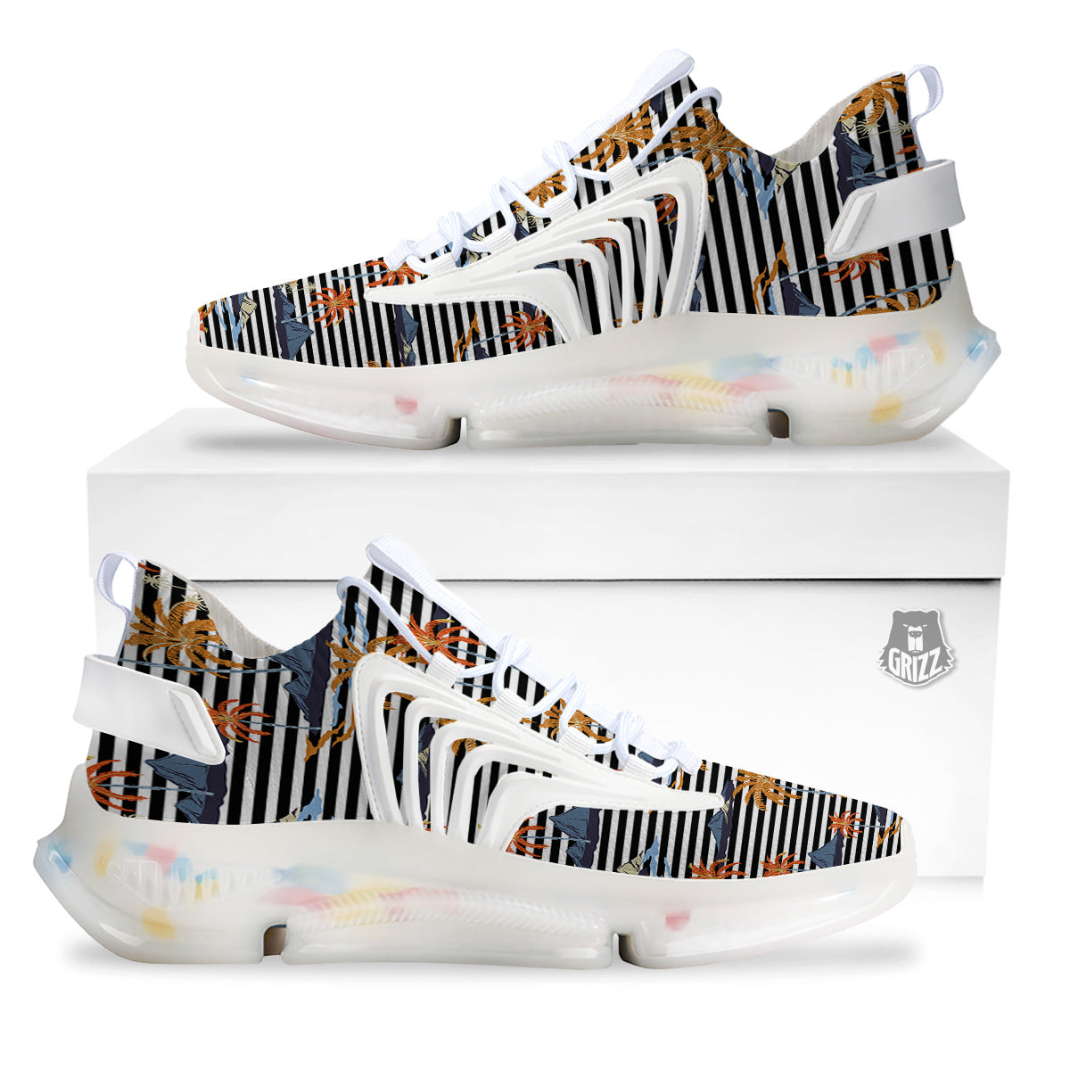 Tropical Island And Stripes Print Pattern White Gym Shoes-grizzshop