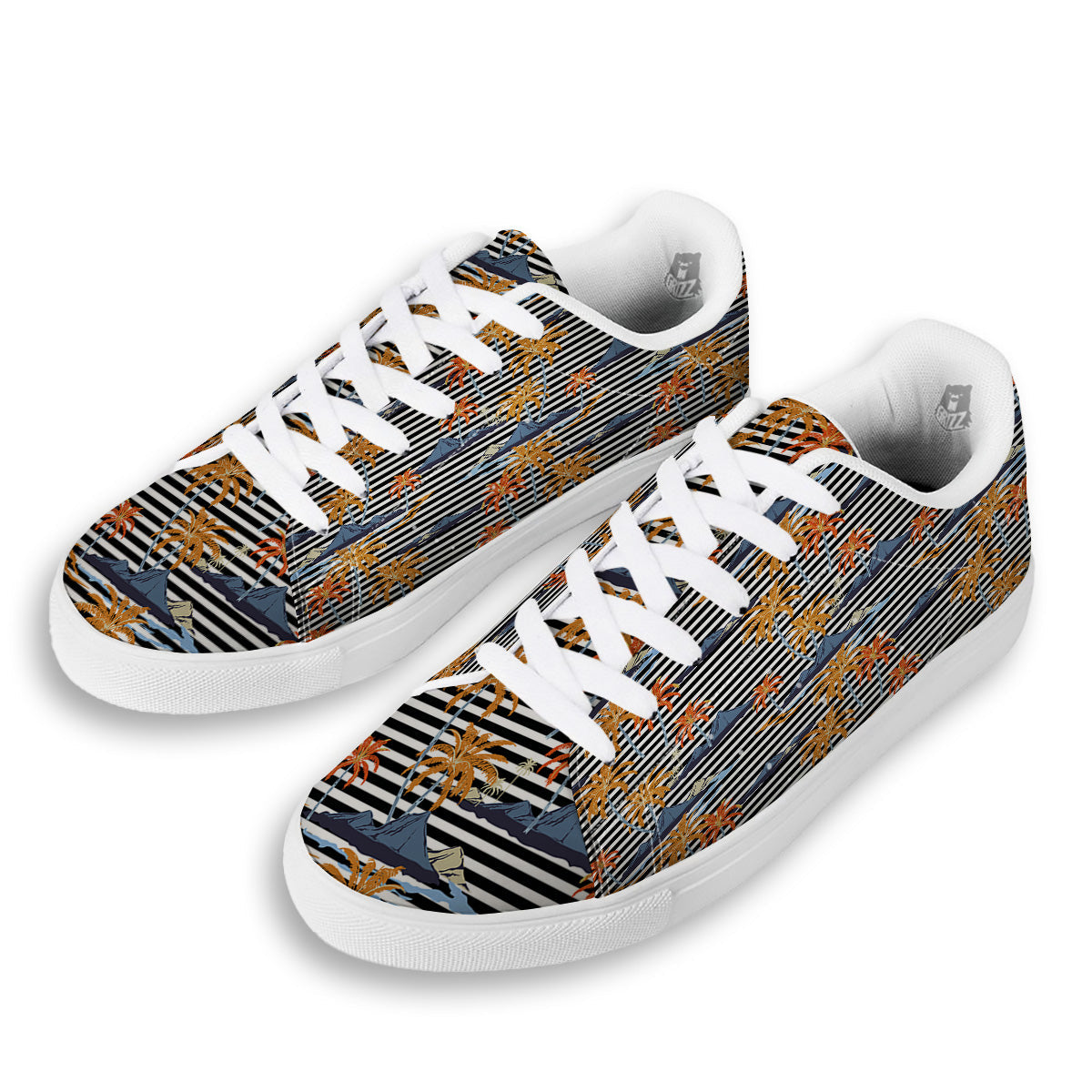 Tropical Island And Stripes Print Pattern White Low Top Sneakers-grizzshop