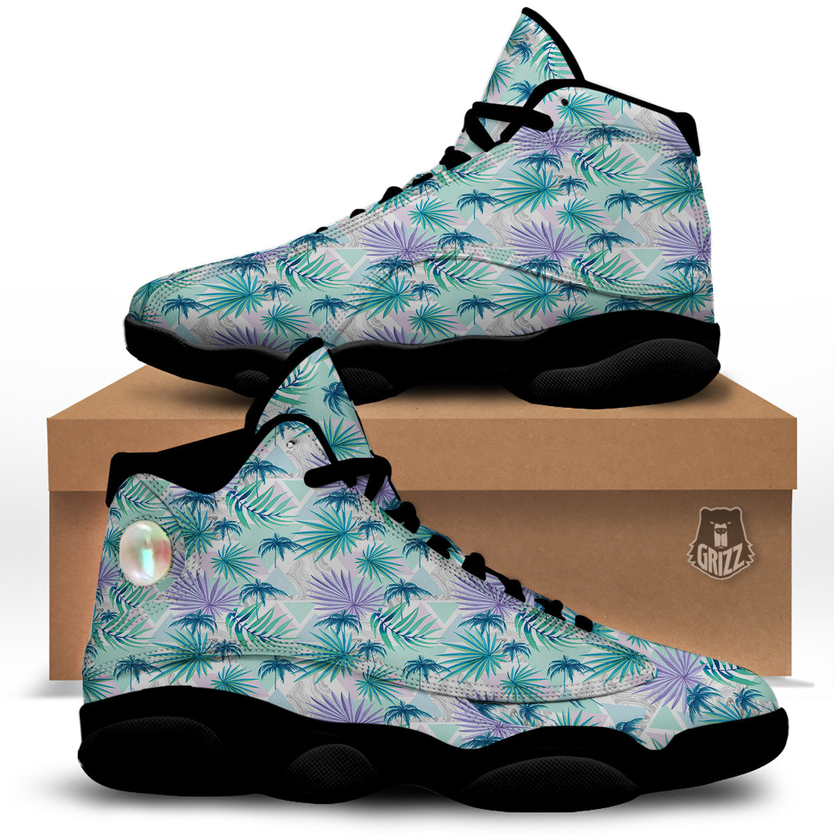 Tropical Leaf And Triangles Pastel Print Pattern Black Basketball Shoes-grizzshop