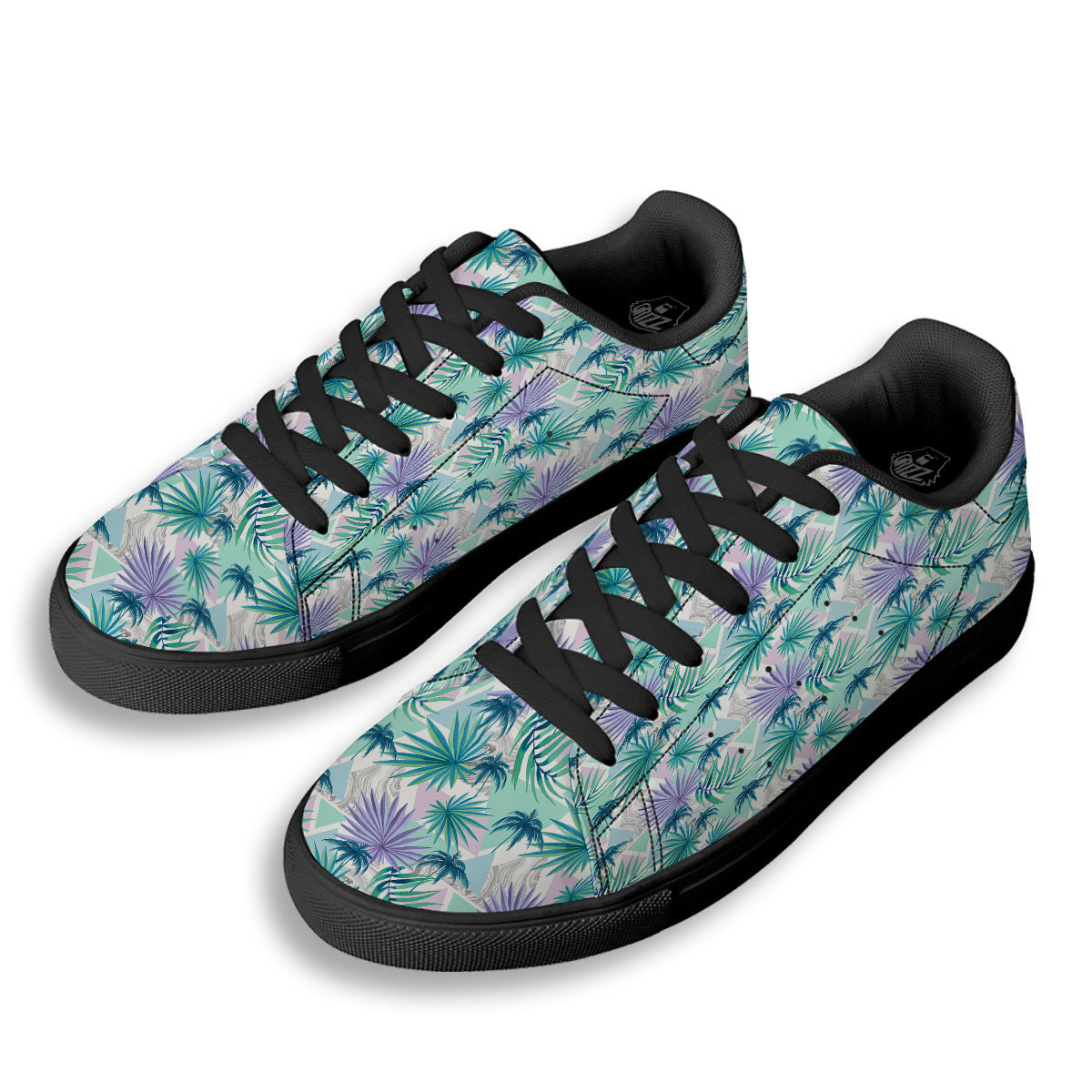 Tropical Leaf And Triangles Pastel Print Pattern Black Low Top Sneakers-grizzshop
