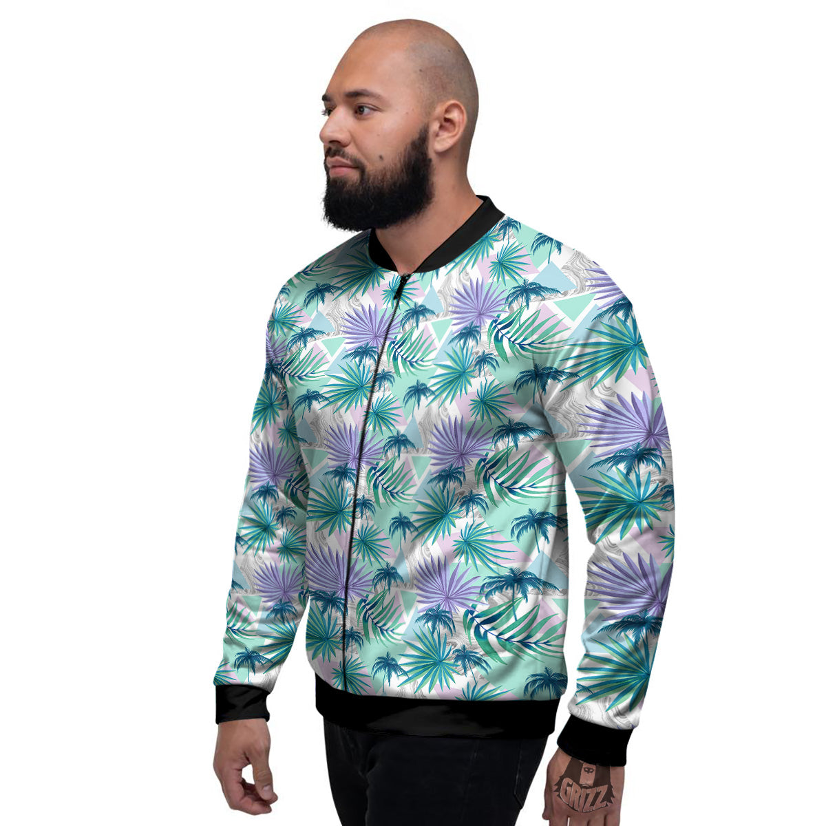 Tropical Leaf And Triangles Pastel Print Pattern Men's Bomber Jacket-grizzshop