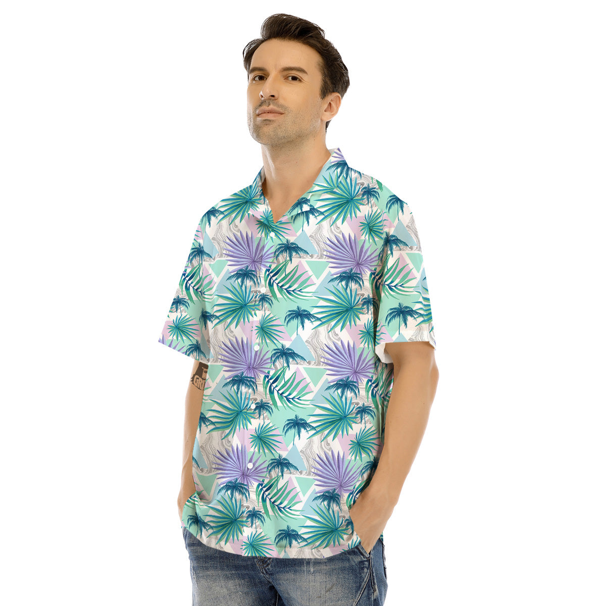 Tropical Leaf And Triangles Pastel Print Pattern Men's Hawaiian Shirt-grizzshop