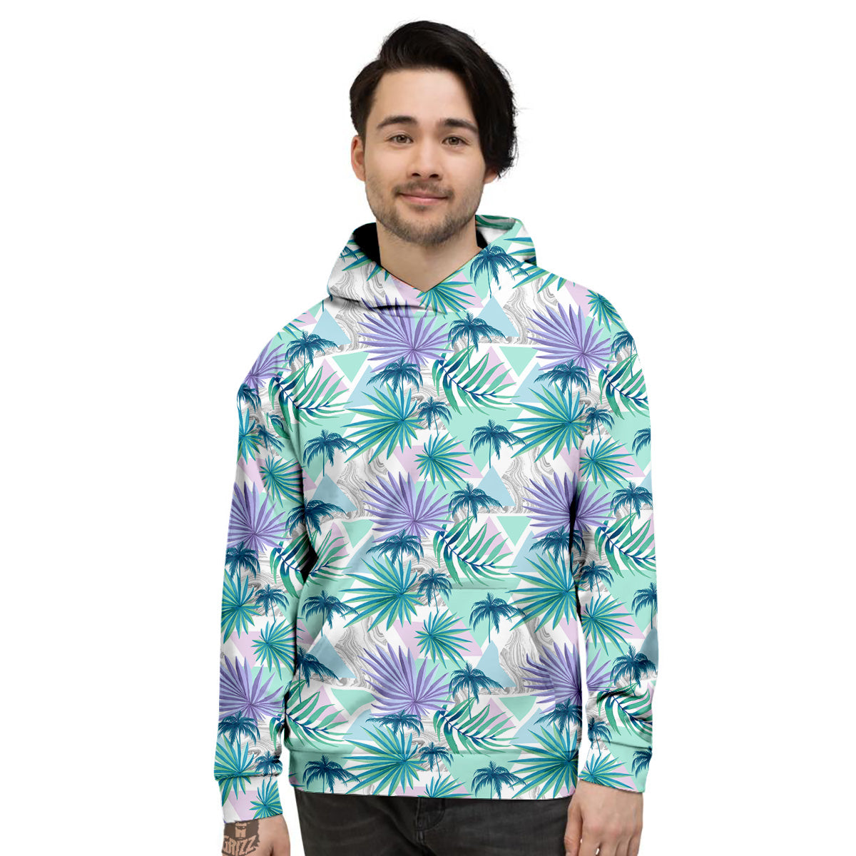 Tropical Leaf And Triangles Pastel Print Pattern Men's Hoodie-grizzshop