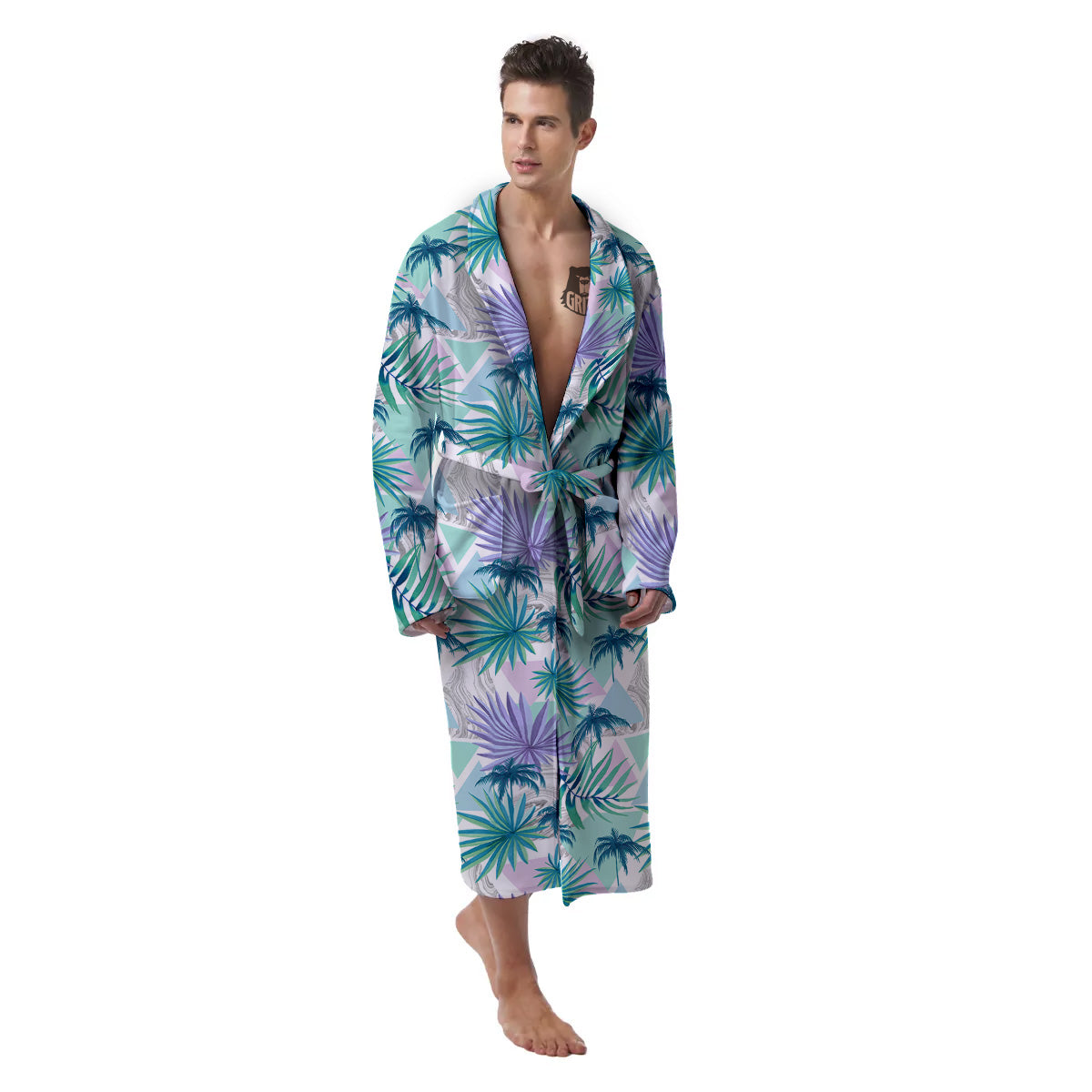 Tropical Leaf And Triangles Pastel Print Pattern Men's Robe-grizzshop