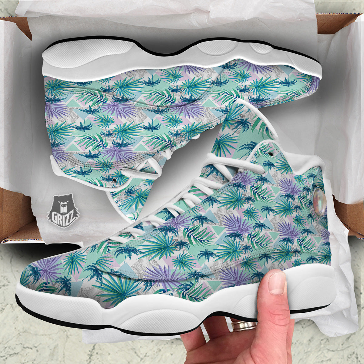Tropical Leaf And Triangles Pastel Print Pattern White Basketball Shoes-grizzshop
