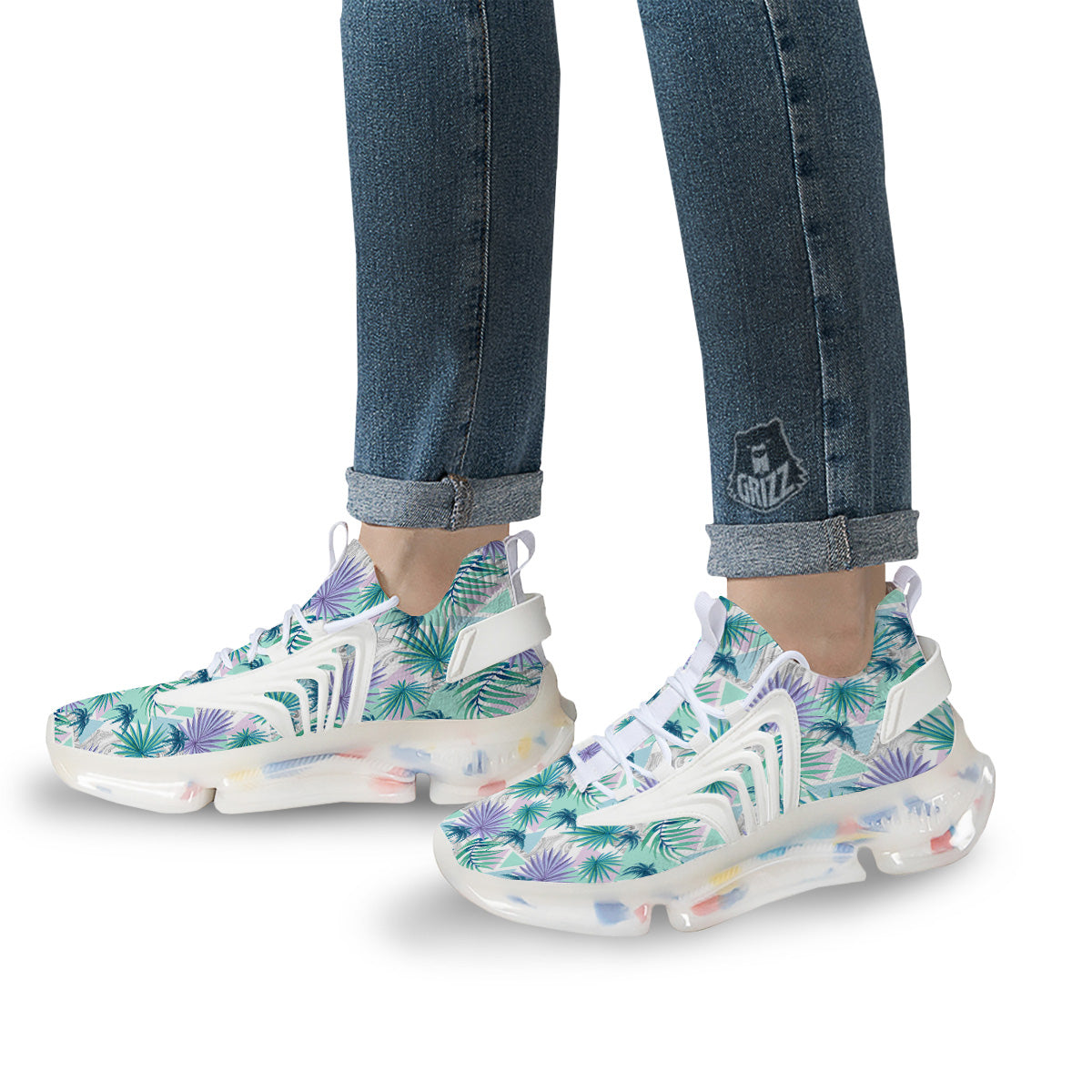 Tropical Leaf And Triangles Pastel Print Pattern White Gym Shoes-grizzshop