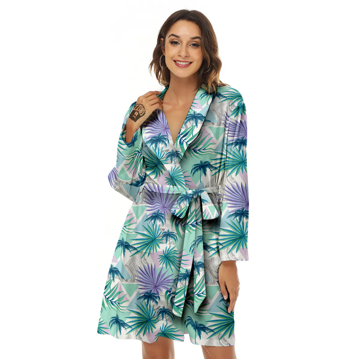 Tropical Leaf And Triangles Pastel Print Pattern Women's Robe-grizzshop