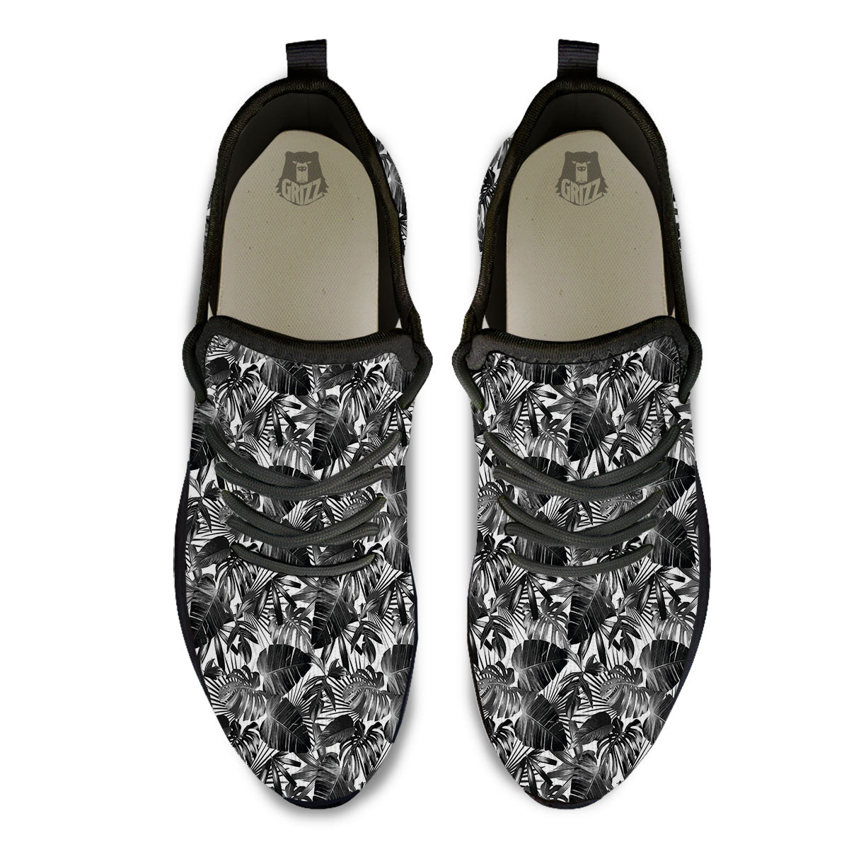 Tropical Leaf Black White Print Pattern Black Athletic Shoes-grizzshop