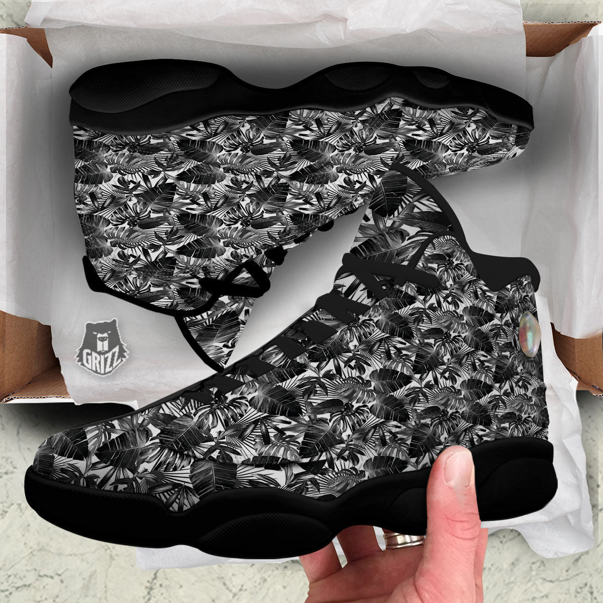 Tropical Leaf Black White Print Pattern Black Basketball Shoes-grizzshop