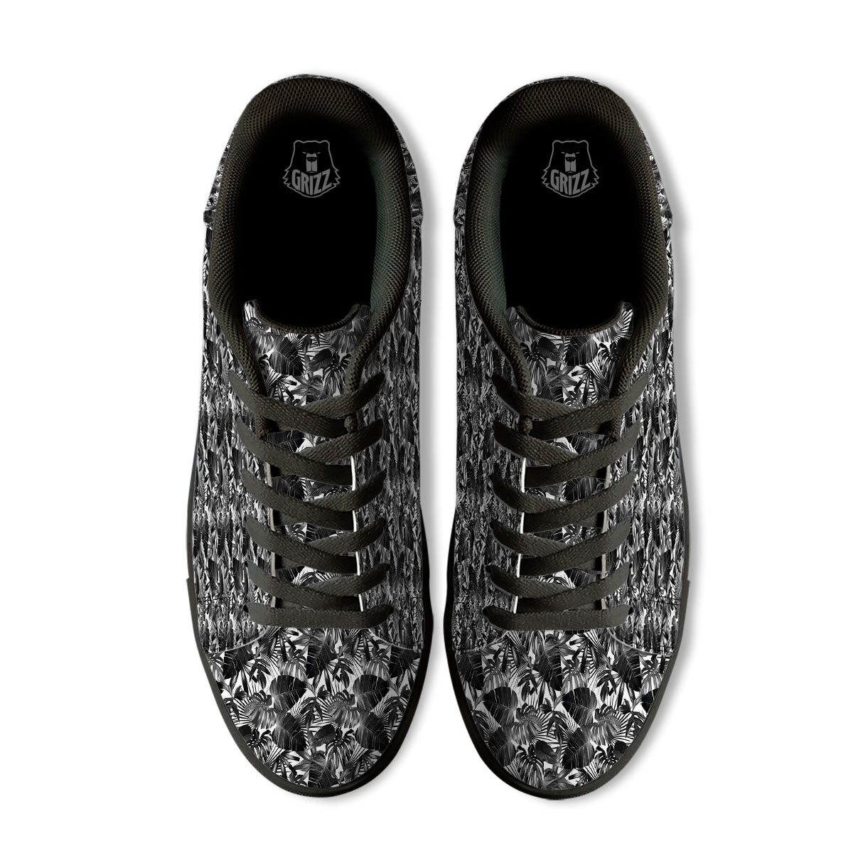 Tropical Leaf Black White Print Pattern Black Low Top Sneakers-grizzshop