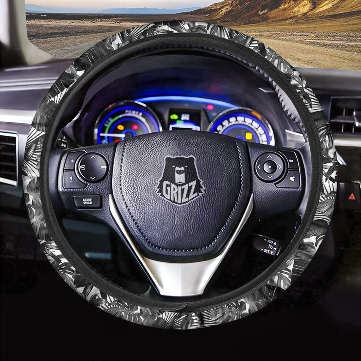 Tropical Leaf Black White Print Pattern Car Steering Wheel Cover-grizzshop