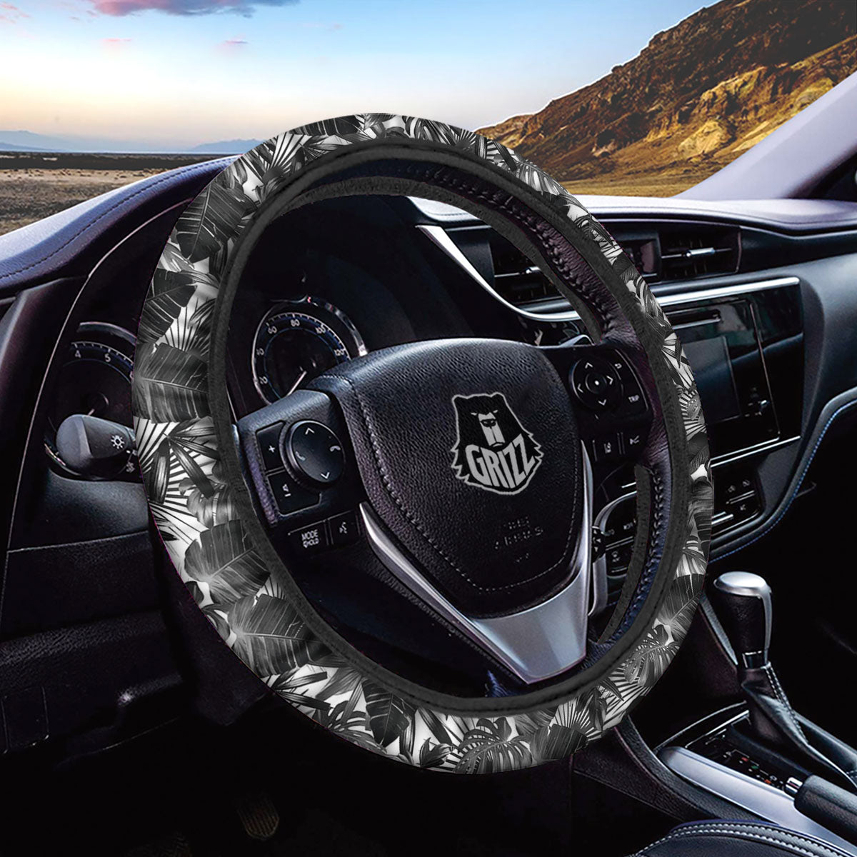 Tropical Leaf Black White Print Pattern Car Steering Wheel Cover-grizzshop