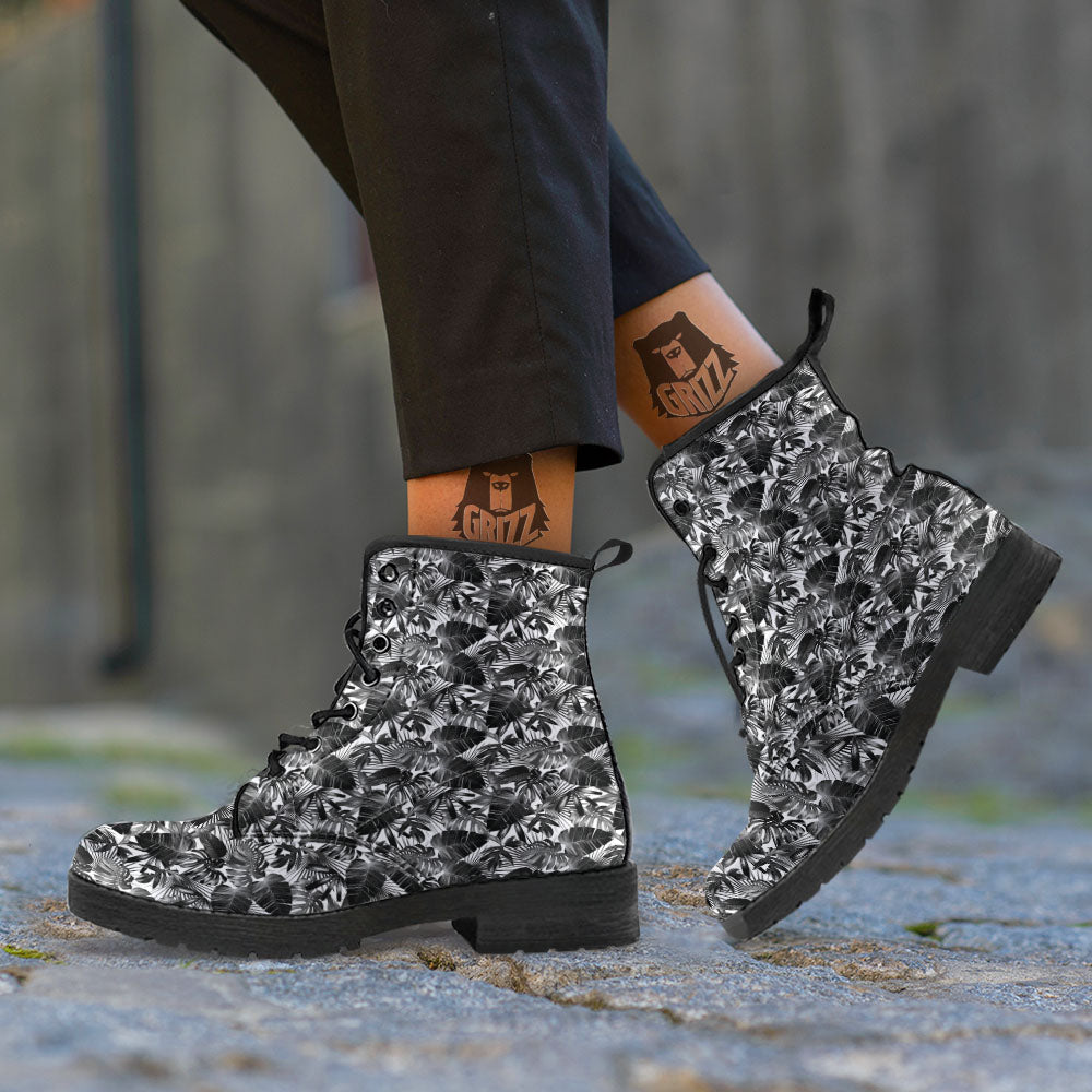 Tropical Leaf Black White Print Pattern Leather Boots-grizzshop