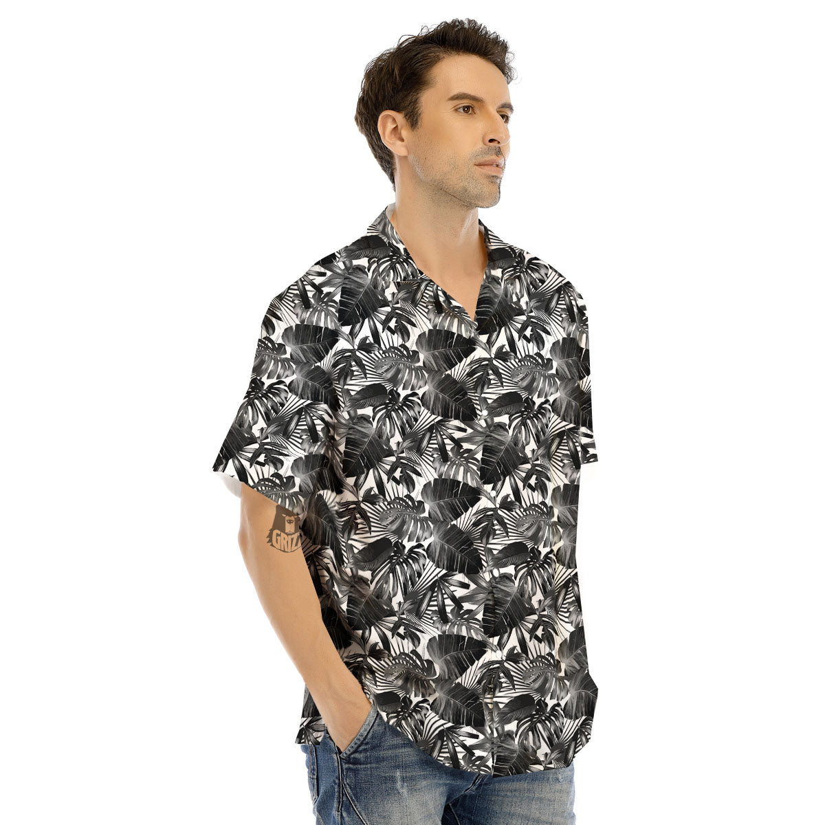 Tropical Leaf Black White Print Pattern Men's Hawaiian Shirt-grizzshop