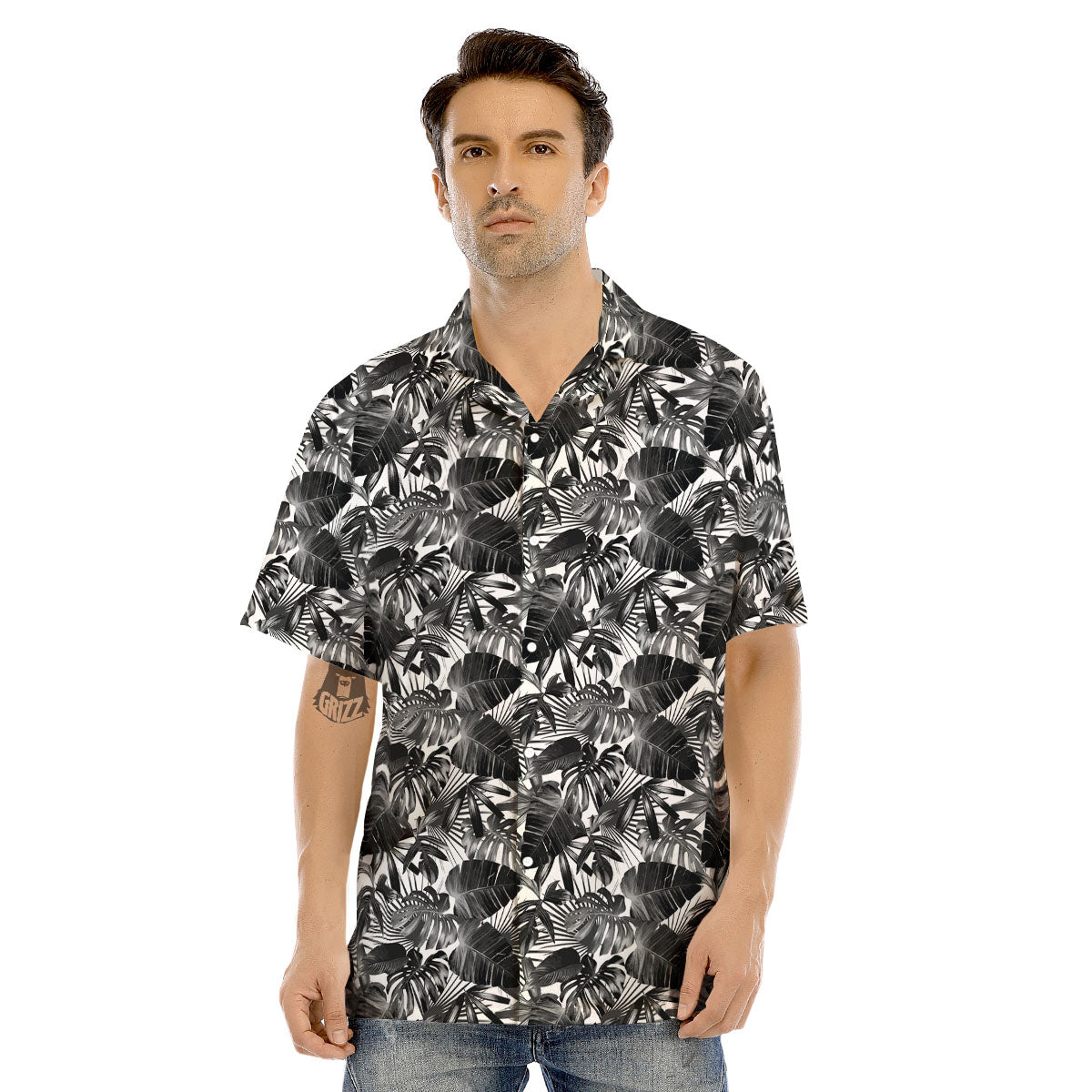 Tropical Leaf Black White Print Pattern Men's Hawaiian Shirt-grizzshop