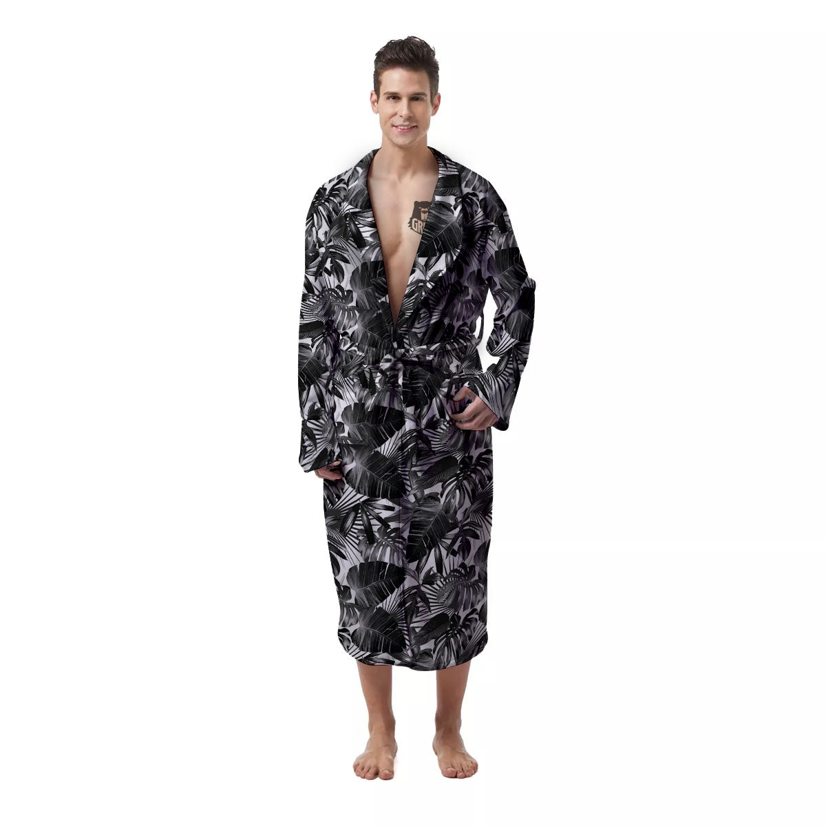 Tropical Leaf Black White Print Pattern Men's Robe-grizzshop