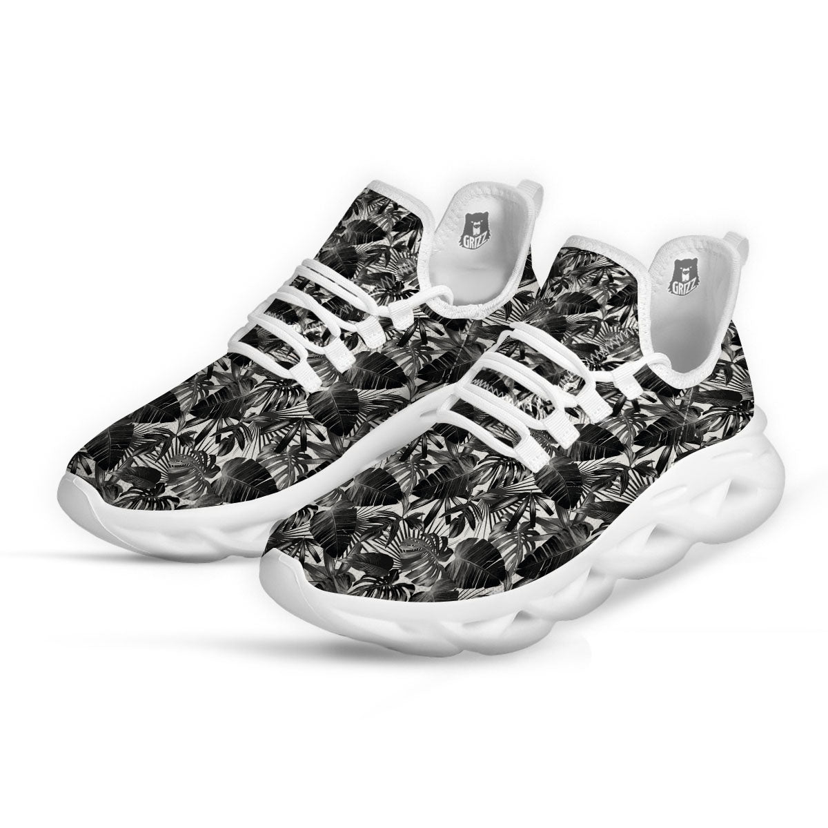 Tropical Leaf Black White Print Pattern White Running Shoes-grizzshop