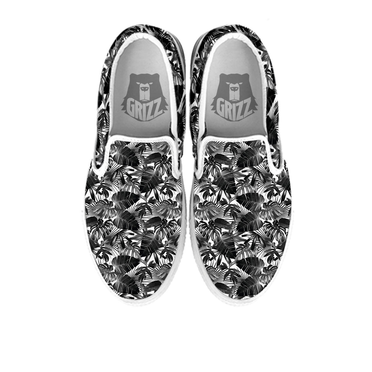 Tropical Leaf Black White Print Pattern White Slip On Shoes-grizzshop