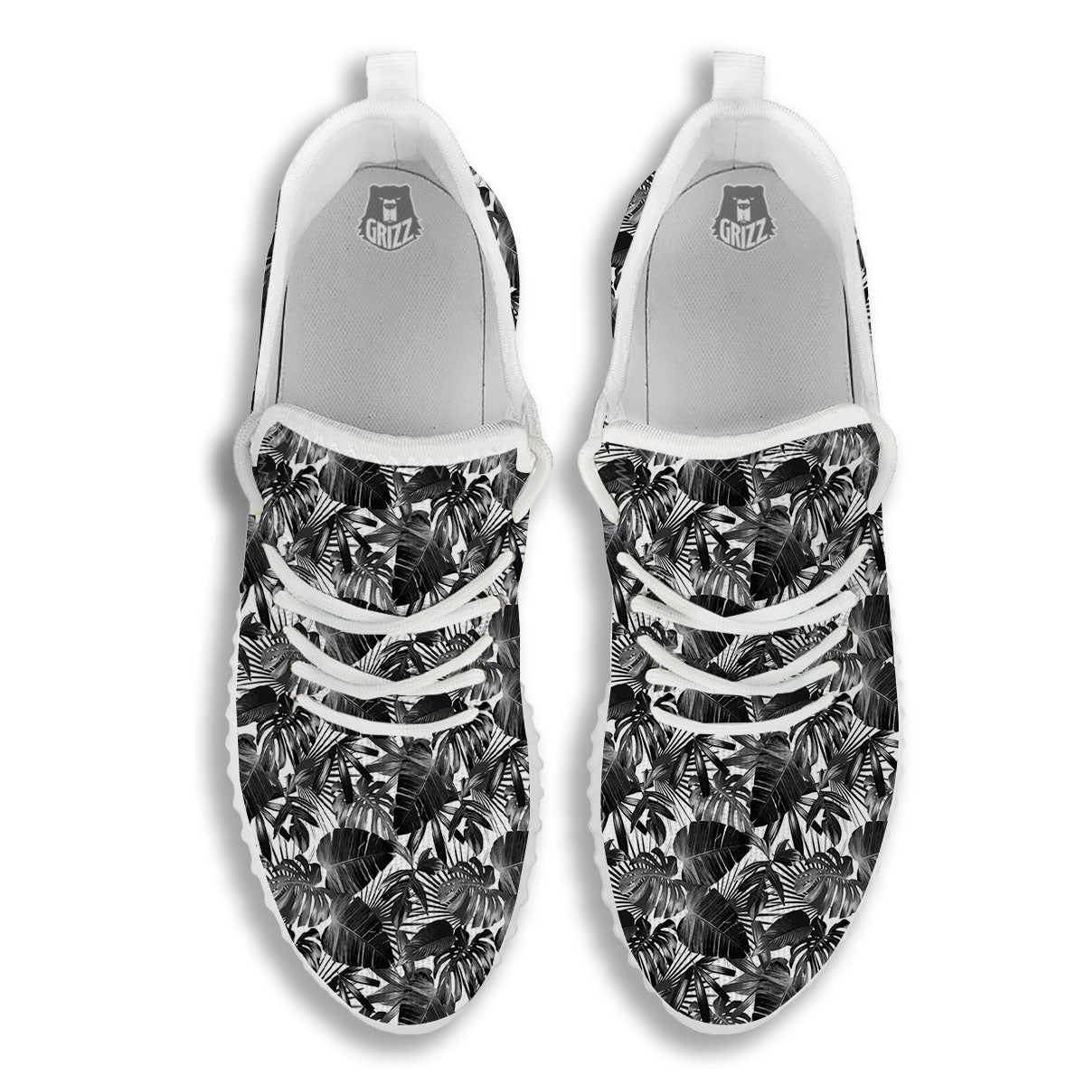 Tropical Leaf Black White Print Pattern White Walking Shoes-grizzshop