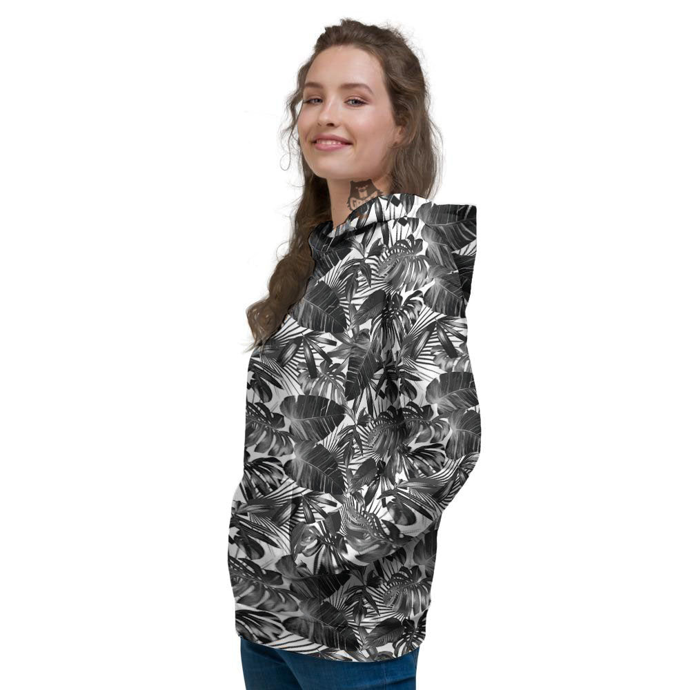 Tropical Leaf Black White Print Pattern Women's Hoodie-grizzshop