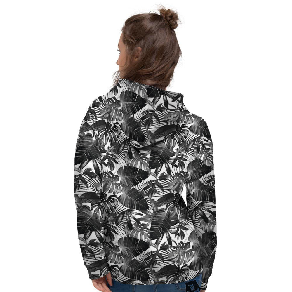 Tropical Leaf Black White Print Pattern Women's Hoodie-grizzshop