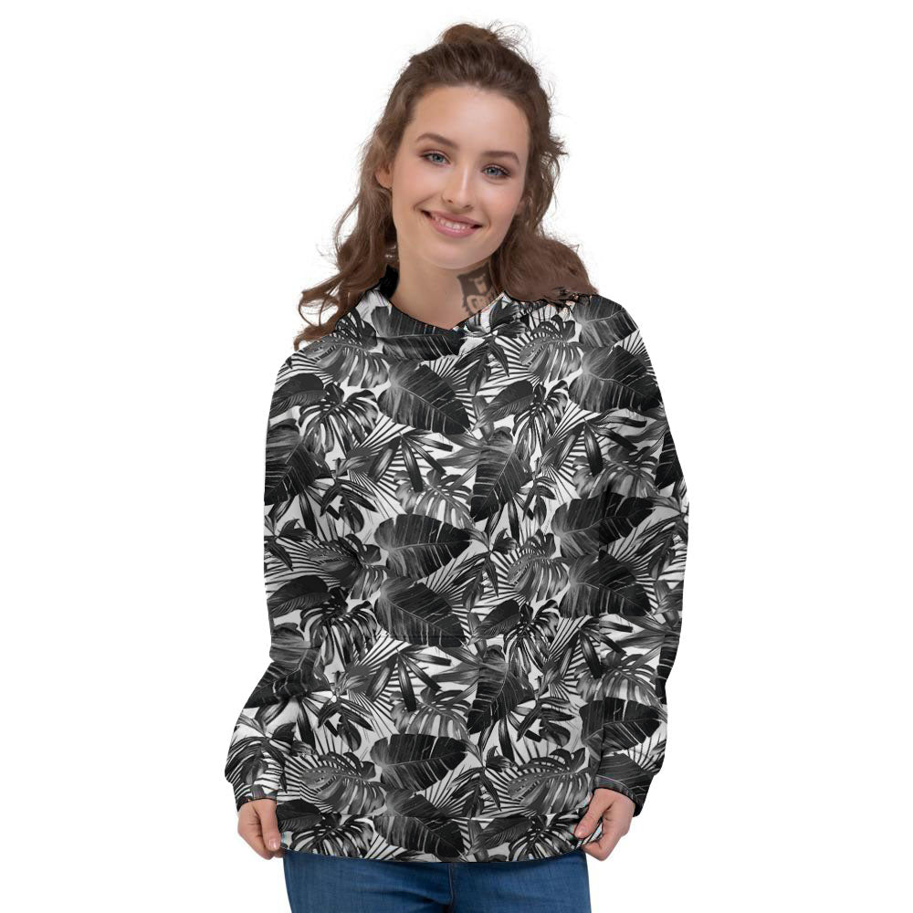 Tropical Leaf Black White Print Pattern Women's Hoodie-grizzshop