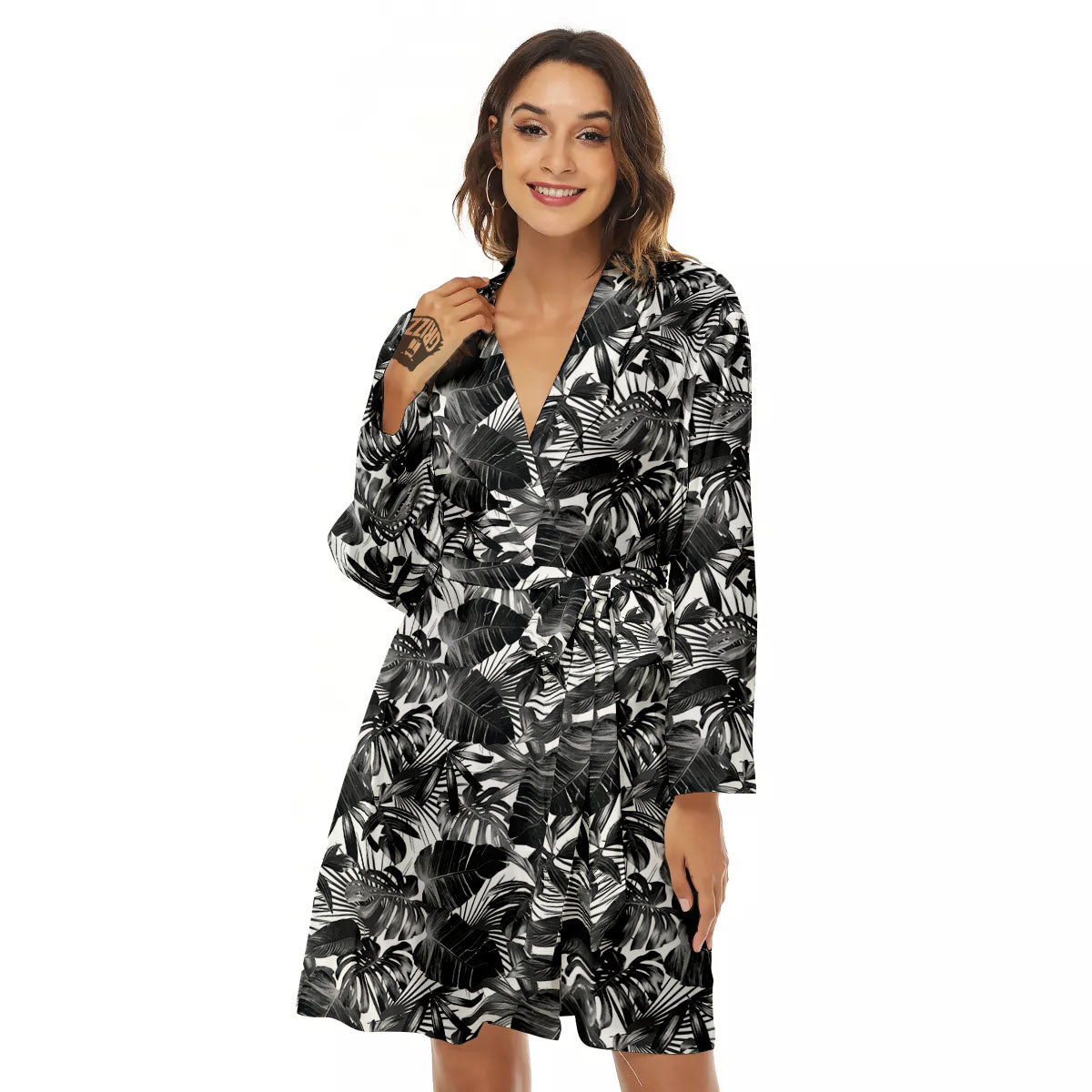 Tropical Leaf Black White Print Pattern Women's Robe-grizzshop