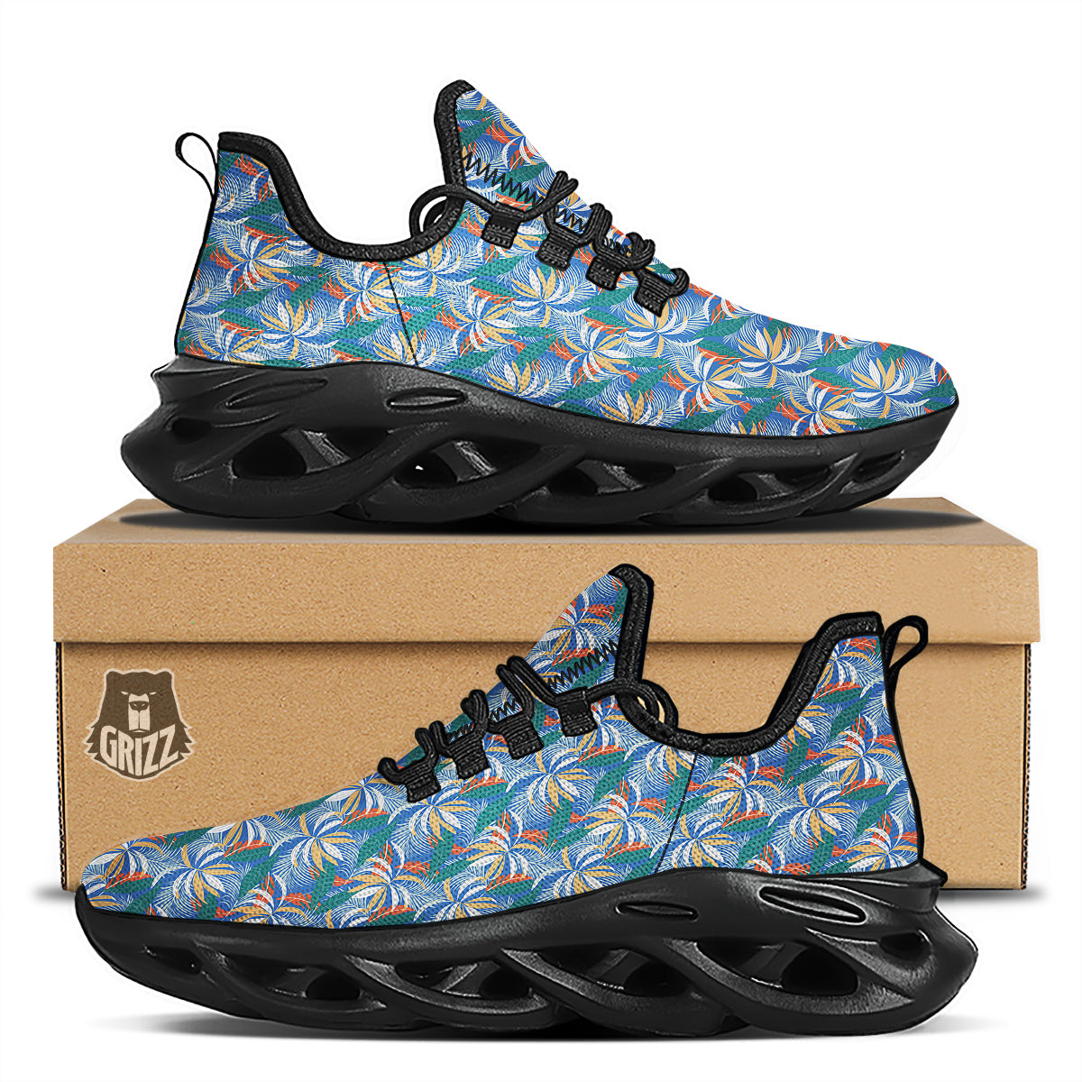 Tropical Leaf Colorful Print Pattern Black Running Shoes-grizzshop