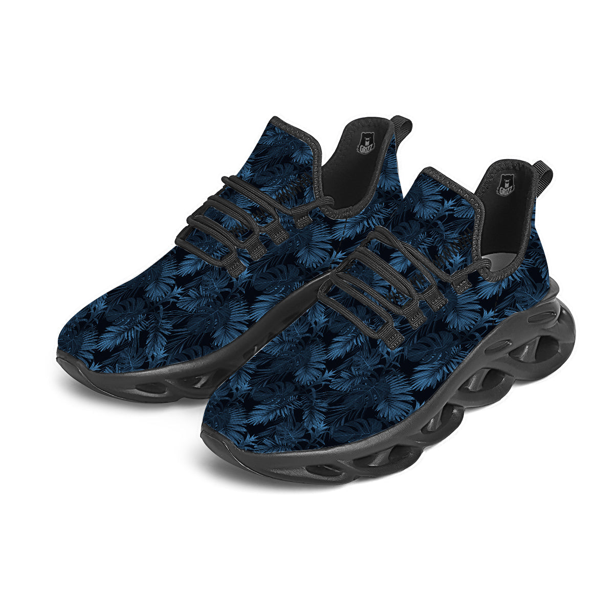 Tropical Leaf Dark Blue Print Pattern Black Running Shoes-grizzshop