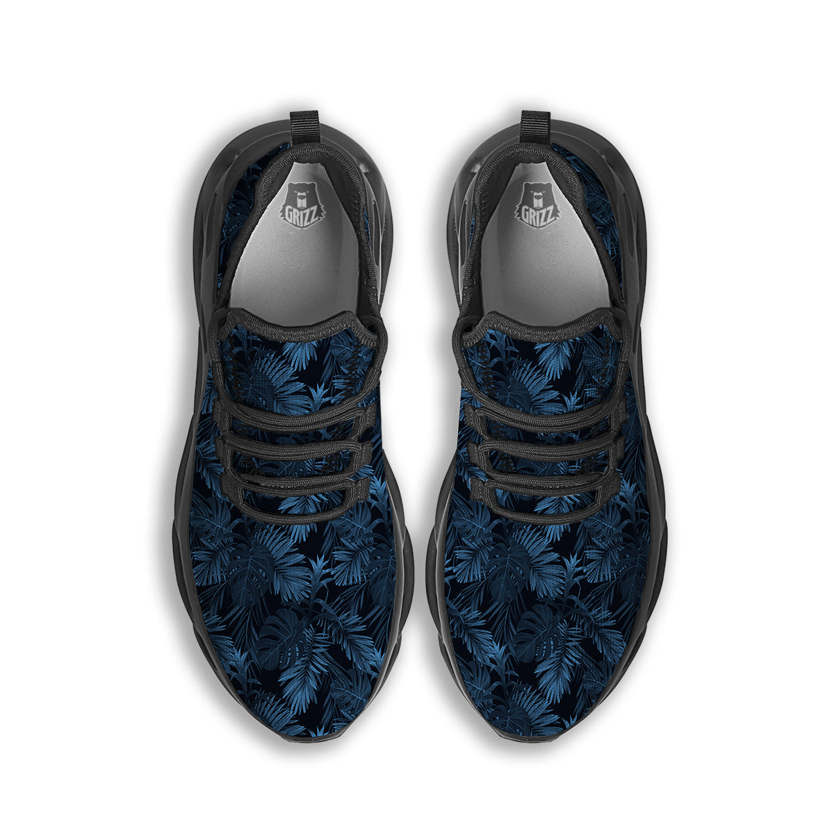 Tropical Leaf Dark Blue Print Pattern Black Running Shoes-grizzshop