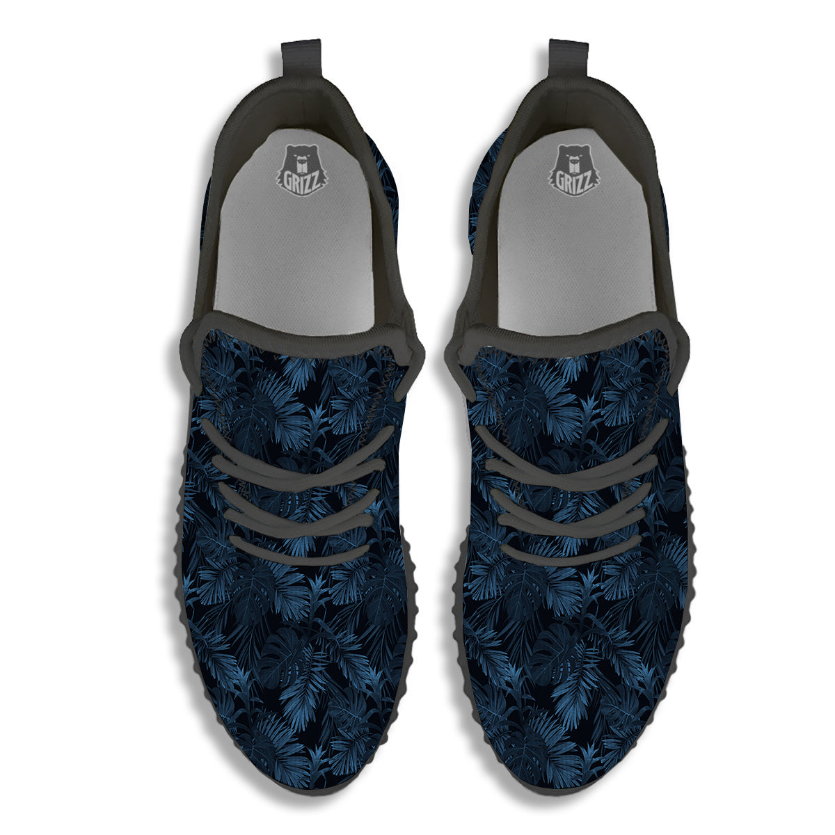 Tropical Leaf Dark Blue Print Pattern Black Walking Shoes-grizzshop