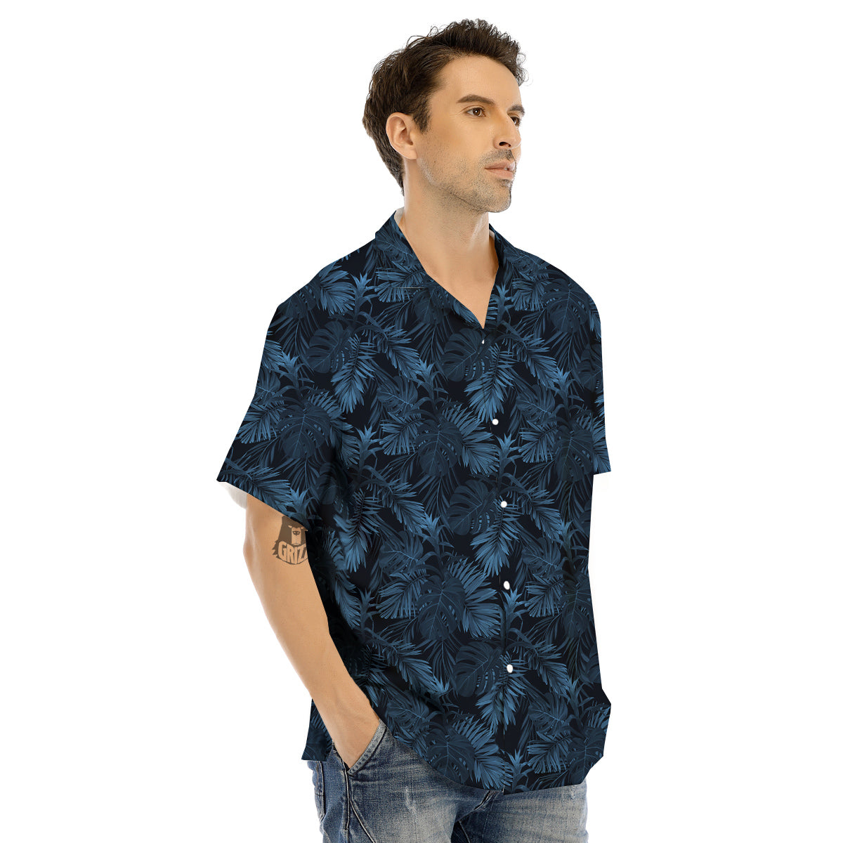 Tropical Leaf Dark Blue Print Pattern Men's Hawaiian Shirt-grizzshop