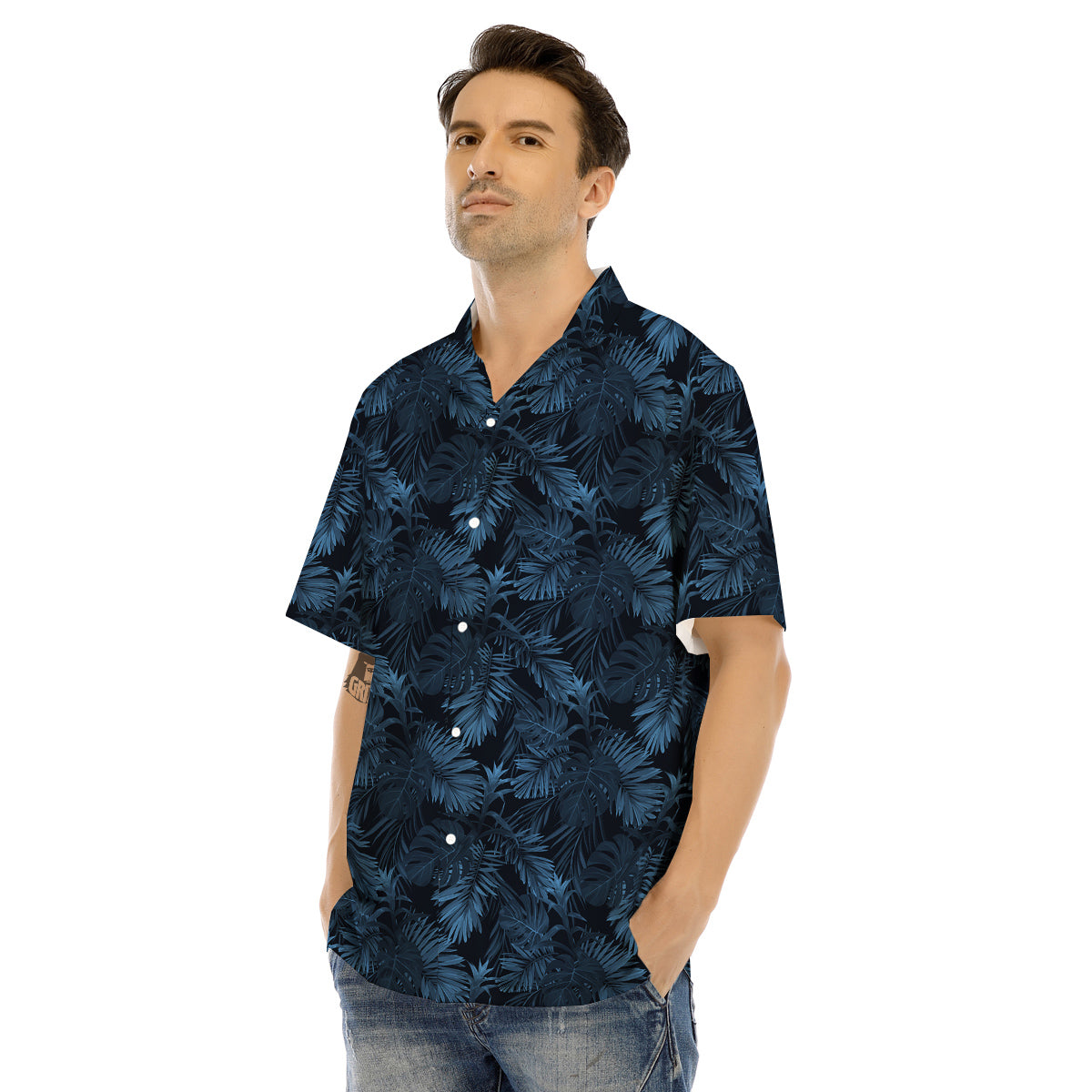 Tropical Leaf Dark Blue Print Pattern Men's Hawaiian Shirt-grizzshop