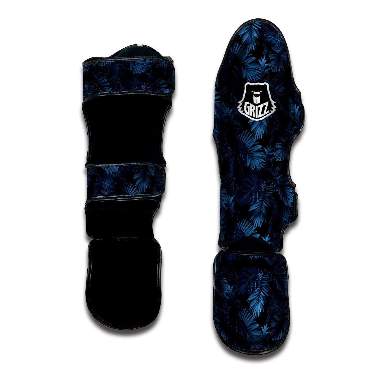 Tropical Leaf Dark Blue Print Pattern Muay Thai Shin Guards-grizzshop