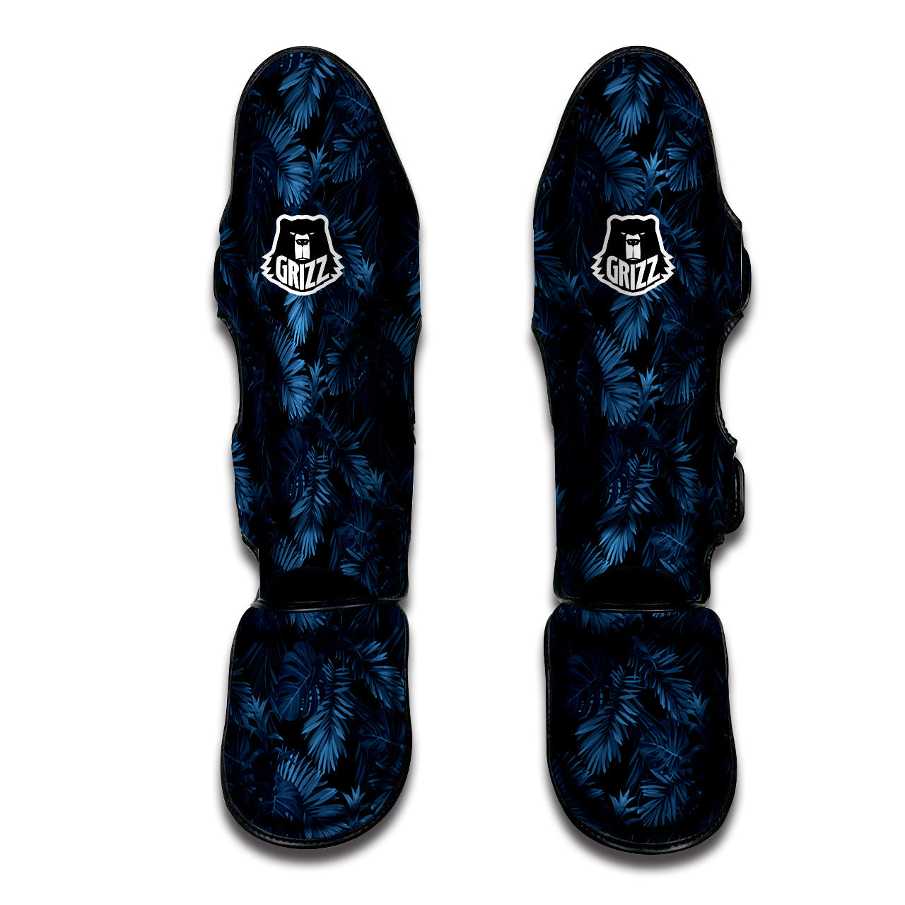 Tropical Leaf Dark Blue Print Pattern Muay Thai Shin Guards-grizzshop