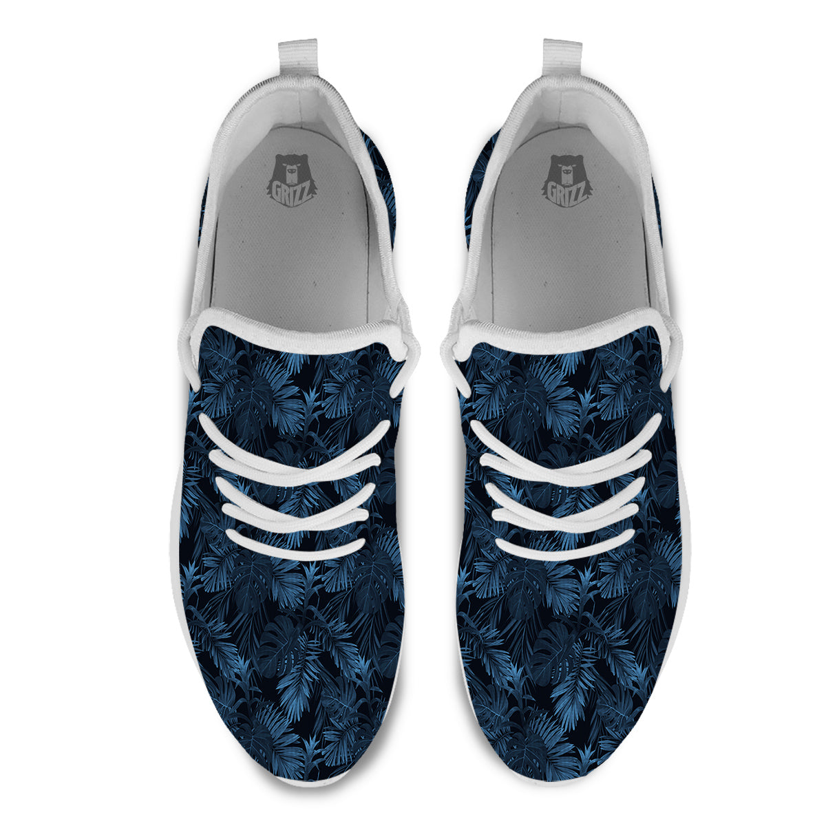 Tropical Leaf Dark Blue Print Pattern White Athletic Shoes-grizzshop