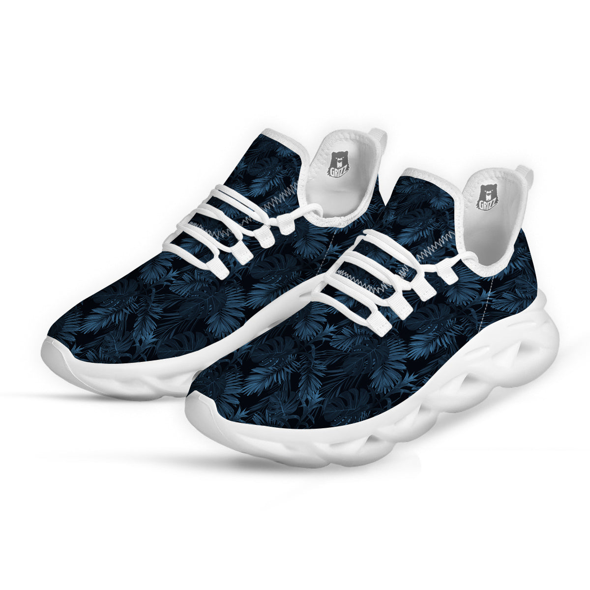 Tropical Leaf Dark Blue Print Pattern White Running Shoes-grizzshop
