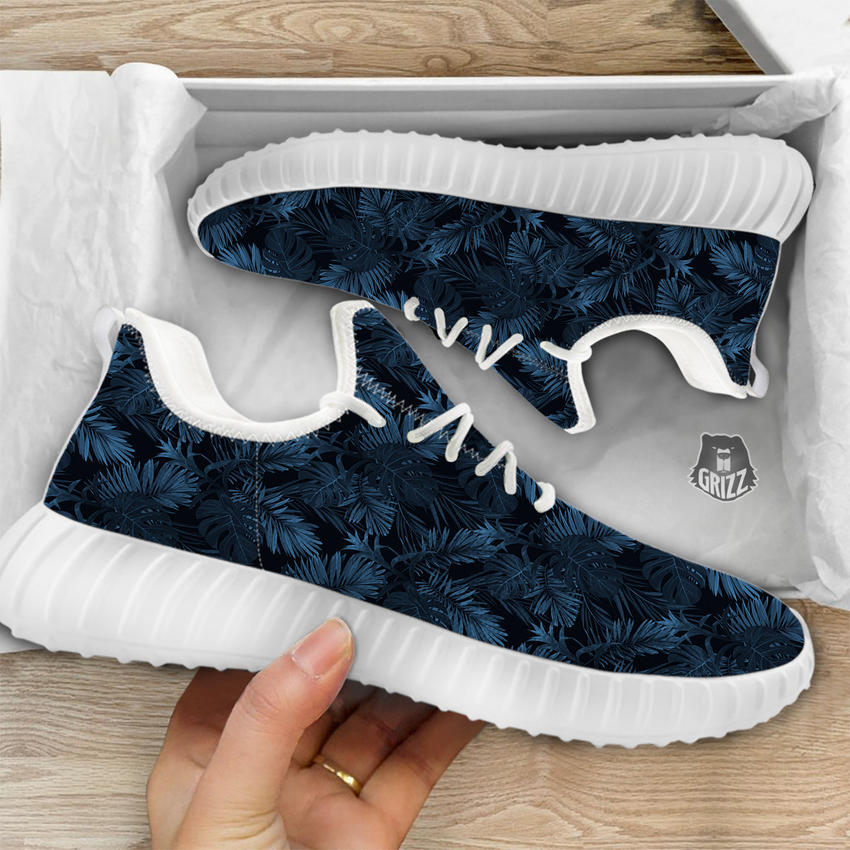 Tropical Leaf Dark Blue Print Pattern White Walking Shoes-grizzshop