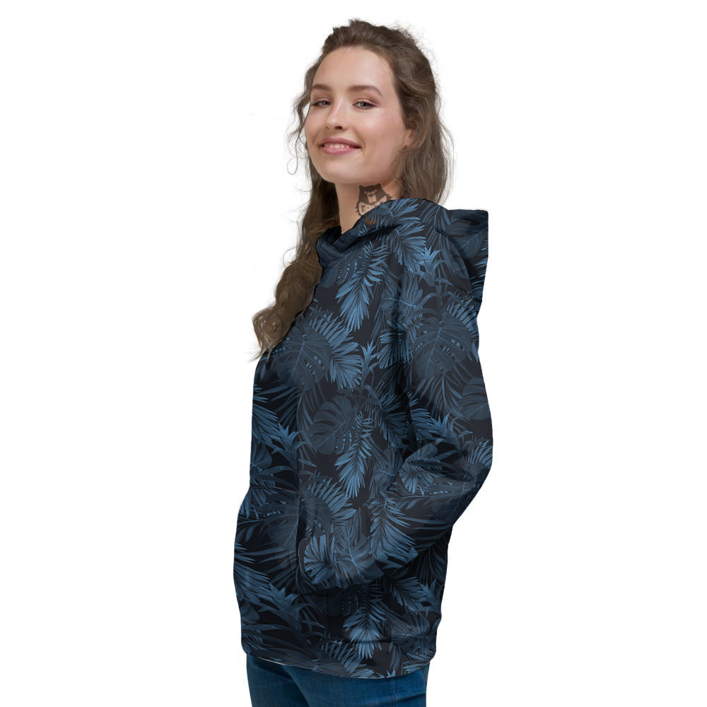 Tropical Leaf Dark Blue Print Pattern Women's Hoodie-grizzshop