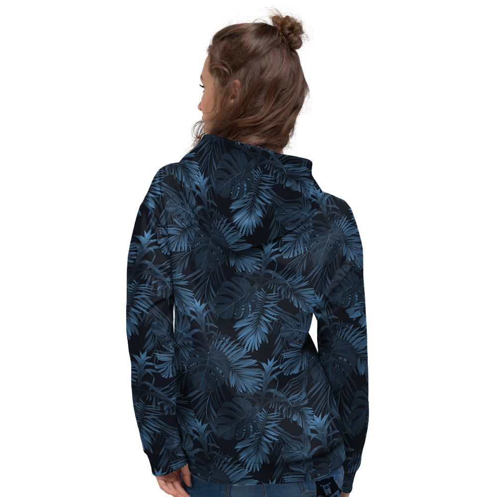 Tropical Leaf Dark Blue Print Pattern Women's Hoodie-grizzshop
