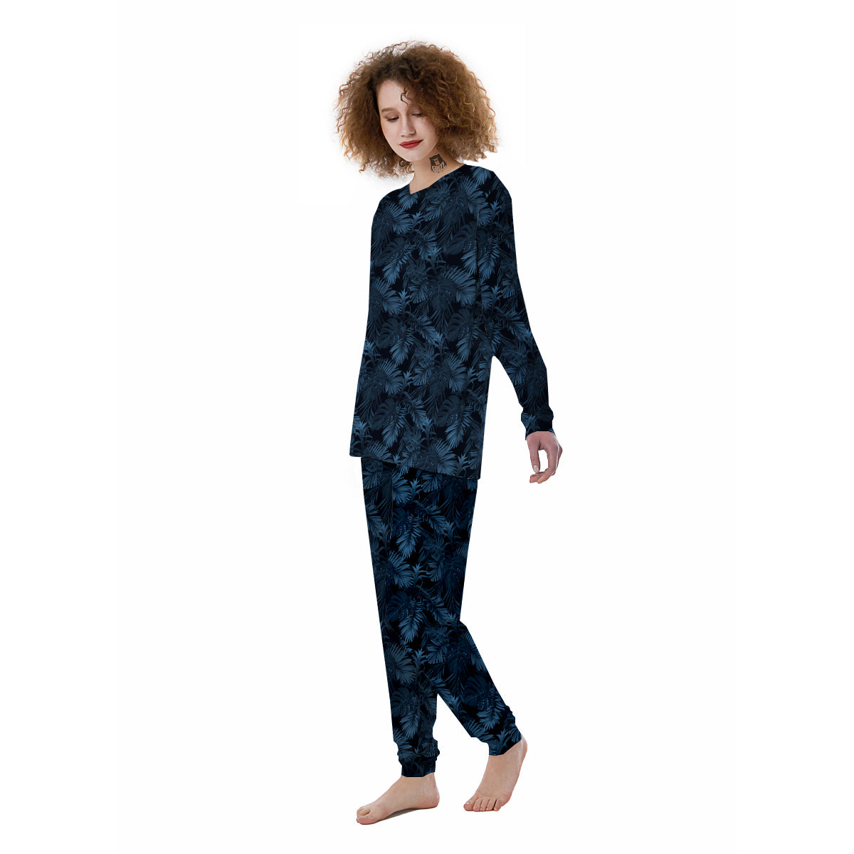 Tropical Leaf Dark Blue Print Pattern Women's Pajamas-grizzshop