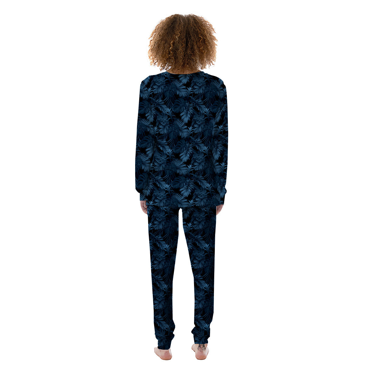 Tropical Leaf Dark Blue Print Pattern Women's Pajamas-grizzshop